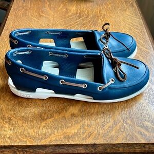 Crocs Navy Blue Boat Shoes Sandals with Brown Leather Laces Size 9